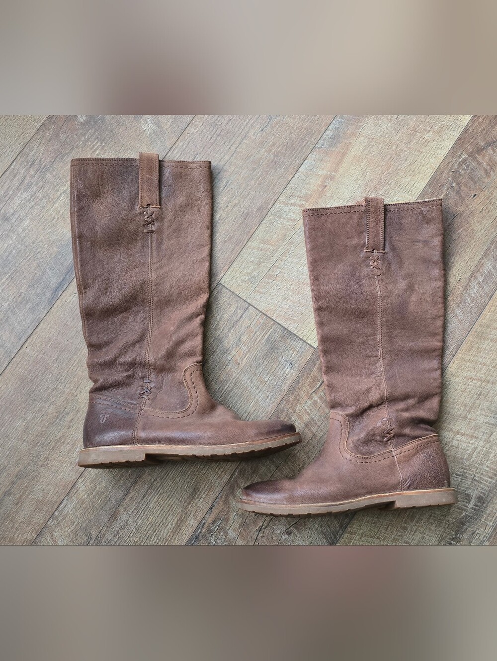 FRYE Celia X Stitch Brown Pebble Leather Tall Pull On Riding Boots Size 7 B